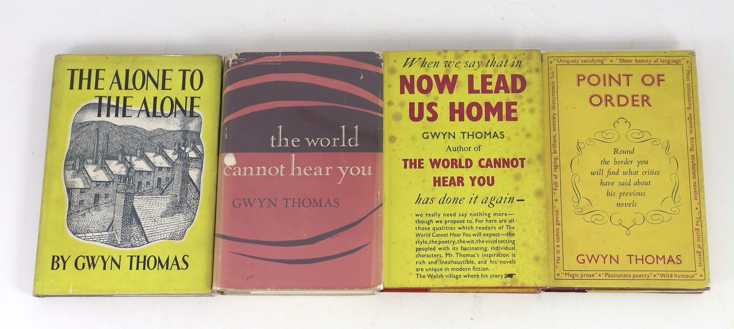 Thomas, Gwyn - 4 works - A Point of Order, 1st edition, 8vo, cloth with unclipped d/j, Victor Gollancz, London, 1956; Now Lead Us Home, publishers advance copy, in unclipped d/j, Victor Gollancz, London, 1952; The World